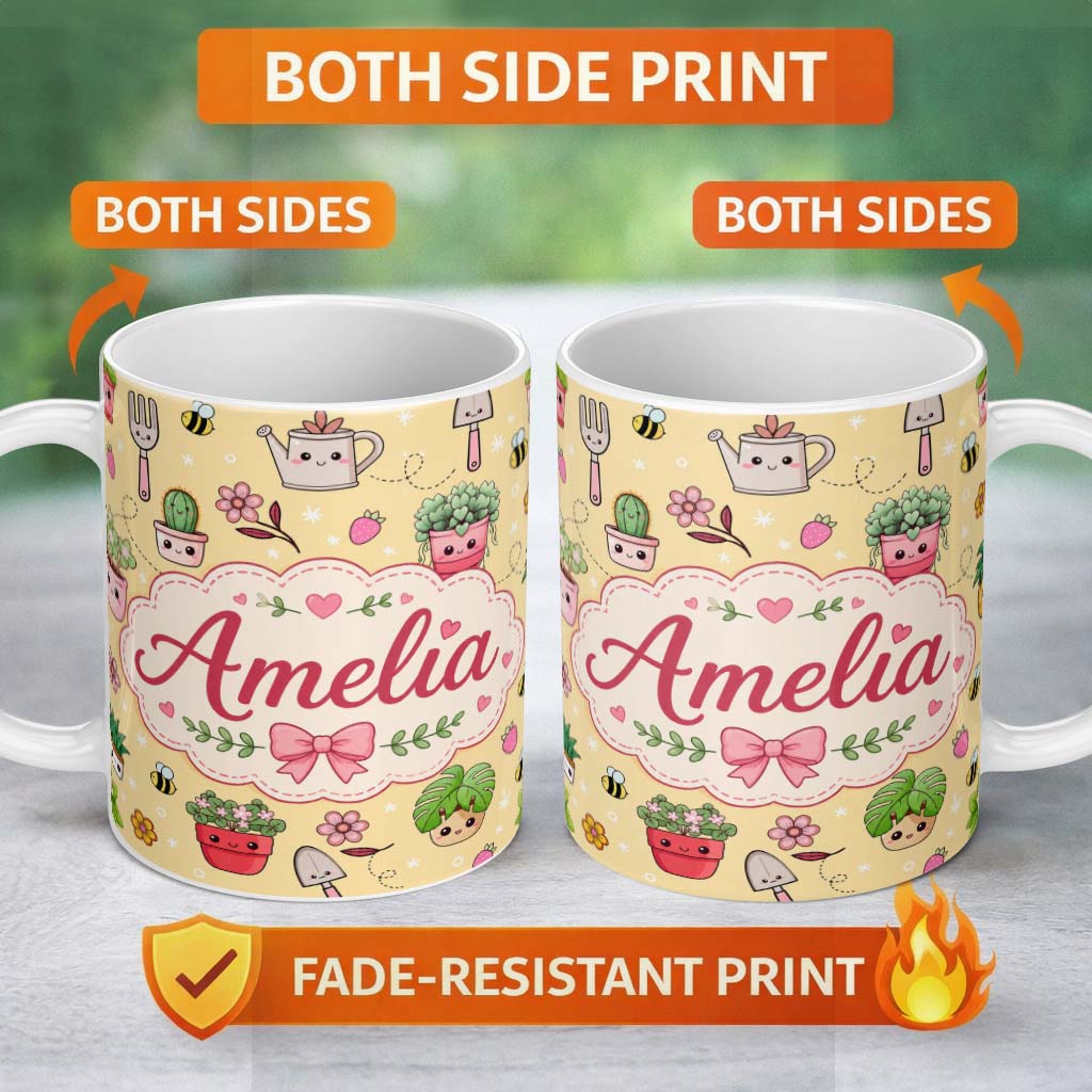 Personalized Custom Name Cute Kawaii Garden Tools Plants Bees Yellow Background Seamless 11oz Ceramic Coffee Tea Mug White Large Handle