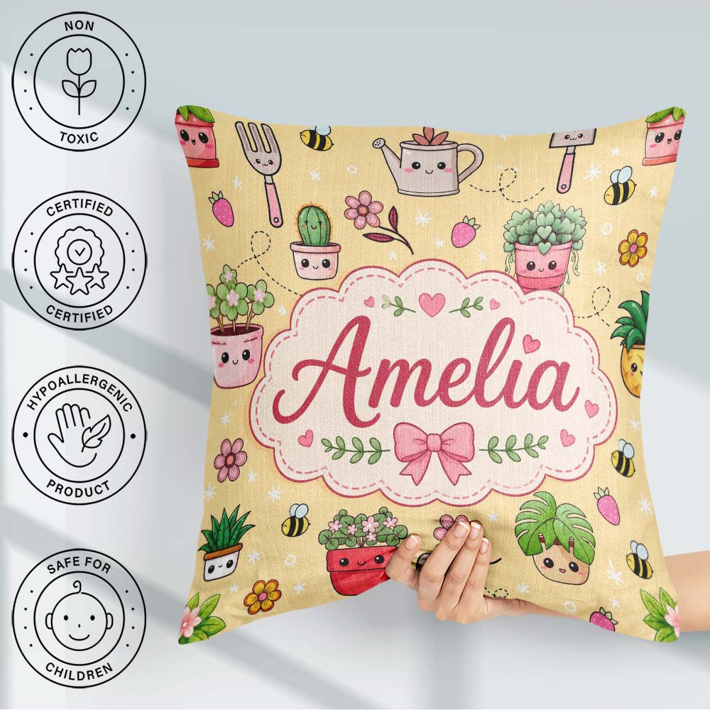 Custom Name Cute Kawaii Garden Tools Plants Bees Yellow Seamless Square Filled Cushion Throw Pillow Sofa Bed Home Decor Zip Washable UK Made