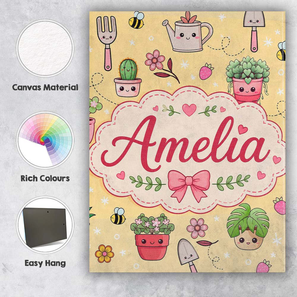 Personalised Name Cute Kawaii Garden Tools Custom Unique Gift Idea Elegant Feature Canvas Wall Art Print Decor Picture Ready to Hang