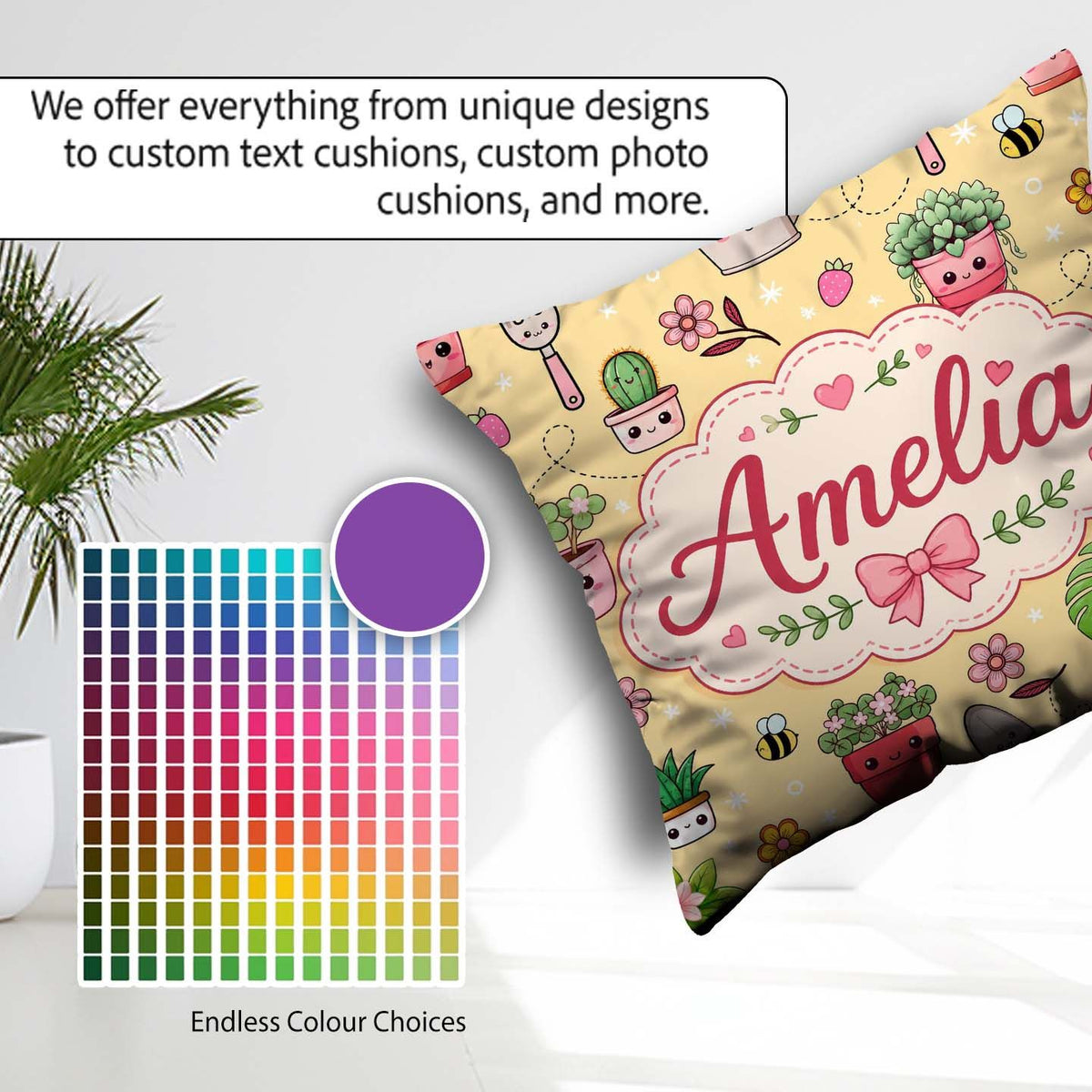 Custom Name Cute Kawaii Garden Tools Plants Bees Yellow Seamless Square Filled Cushion Throw Pillow Sofa Bed Home Decor Zip Washable UK Made