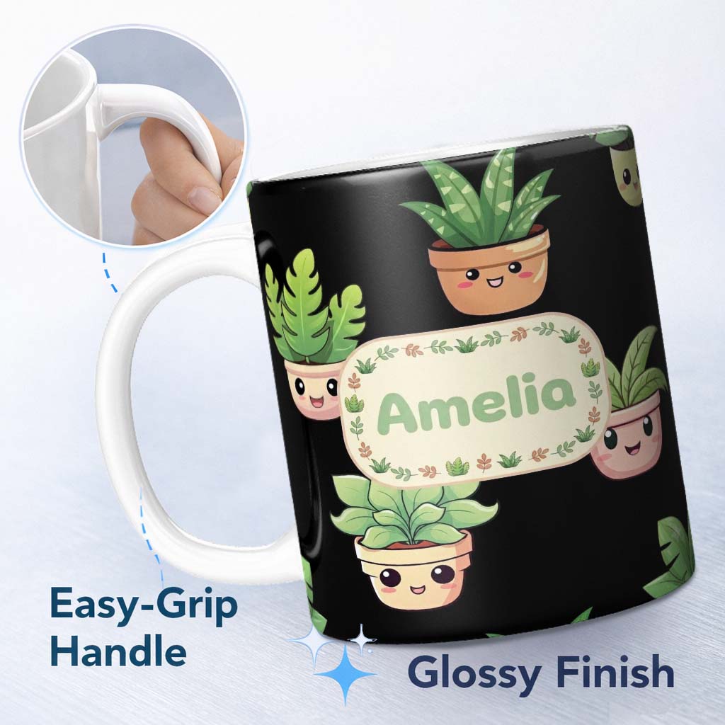 Personalized Custom Name Cute Kawaii Indoor Plants Black Background Seamless Pattern Name 11oz Ceramic Coffee Tea Mug White Large Handle