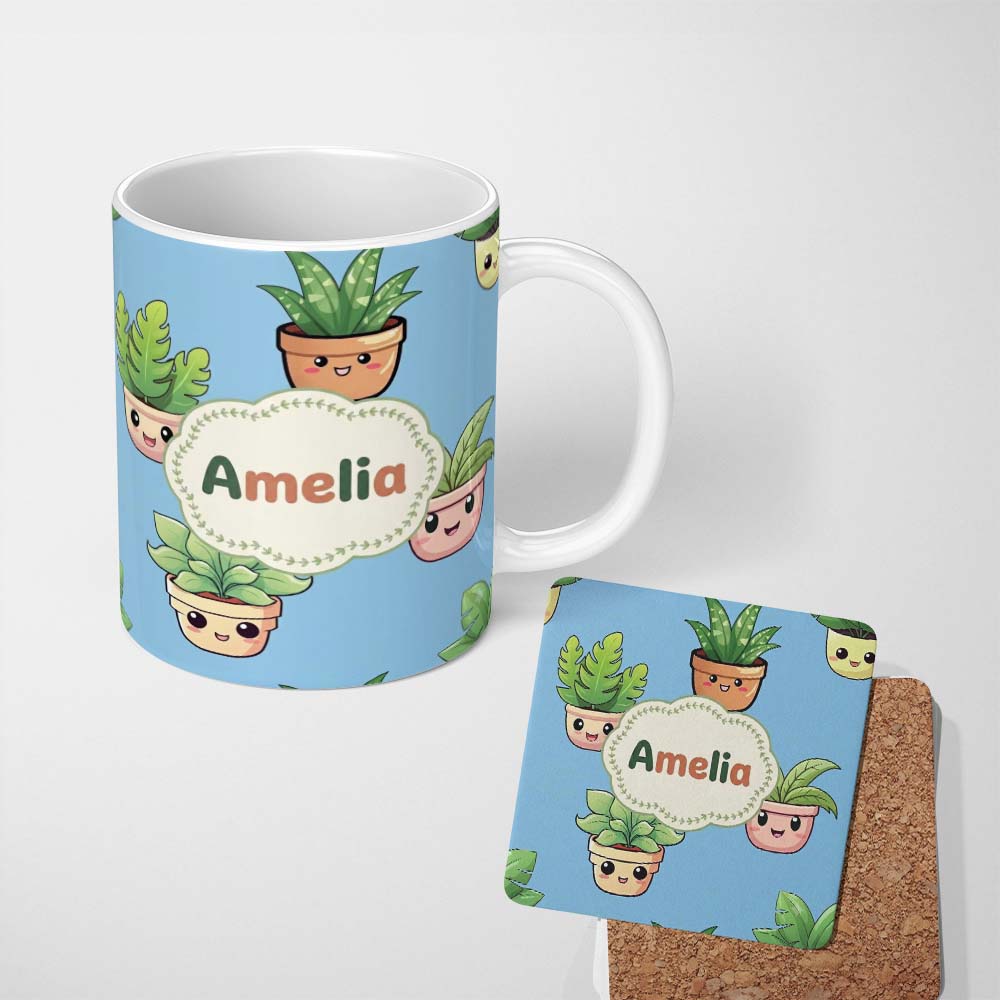 Personalized Custom Name Cute Kawaii Indoor Plants Blue Background Seamless Pattern Name 11oz Ceramic Coffee Tea Mug White Large Handle