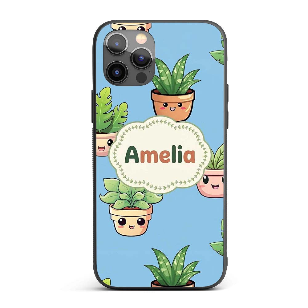 Cute Kawaii Indoor Plants Blue Printed Design Custom Name Protective Phone Case Mobile Cover Durable Everyday Smartphone Shock Resistant