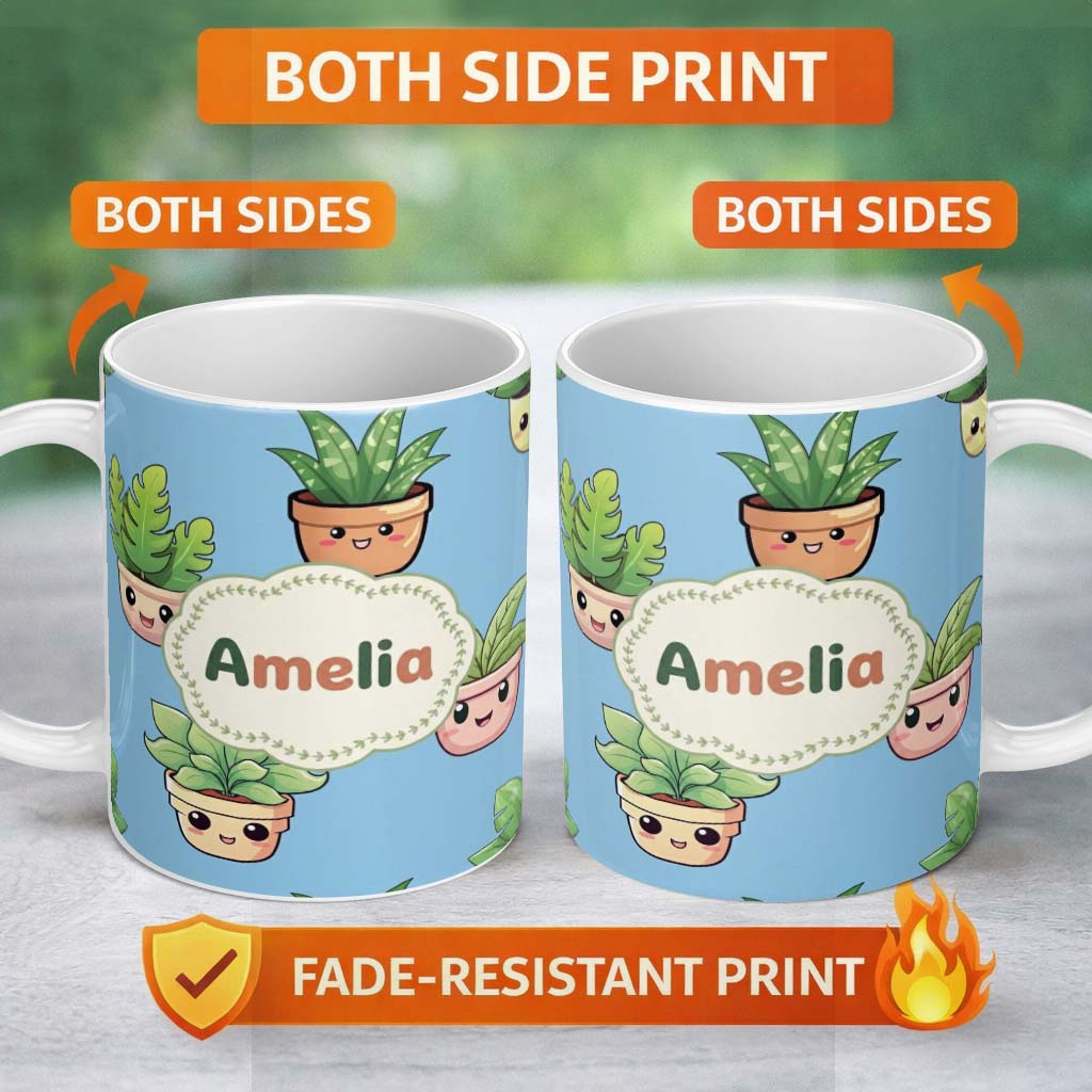 Personalized Custom Name Cute Kawaii Indoor Plants Blue Background Seamless Pattern Name 11oz Ceramic Coffee Tea Mug White Large Handle