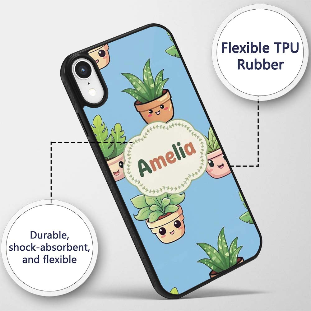 Cute Kawaii Indoor Plants Blue Printed Design Custom Name Protective Phone Case Mobile Cover Durable Everyday Smartphone Shock Resistant