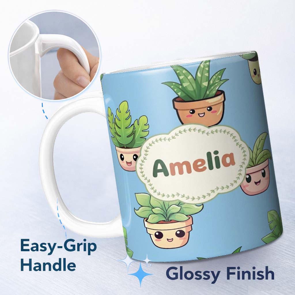 Personalized Custom Name Cute Kawaii Indoor Plants Blue Background Seamless Pattern Name 11oz Ceramic Coffee Tea Mug White Large Handle