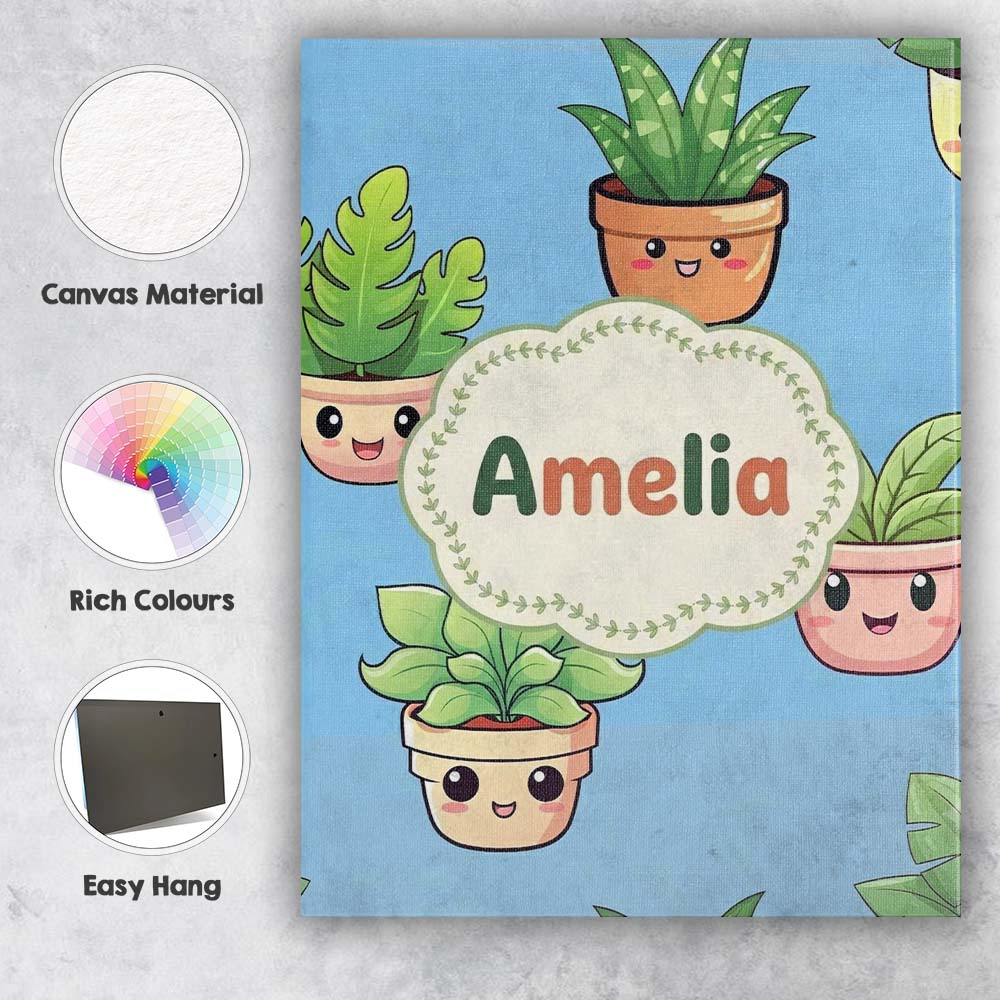 Personalised Name Cute Kawaii Indoor Plants Custom Bespoke Interior Contemporary Canvas Wall Art Print Decor Picture Ready to Hang