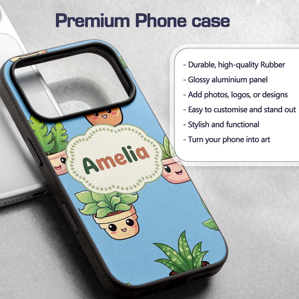 Cute Kawaii Indoor Plants Blue Printed Design Custom Name Protective Phone Case Mobile Cover Durable Everyday Smartphone Shock Resistant