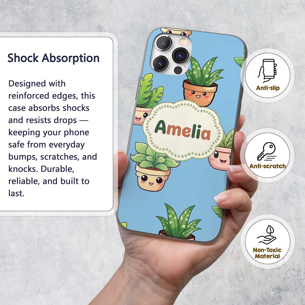 Cute Kawaii Indoor Plants Blue Printed Design Custom Name Protective Phone Case Mobile Cover Durable Everyday Smartphone Shock Resistant