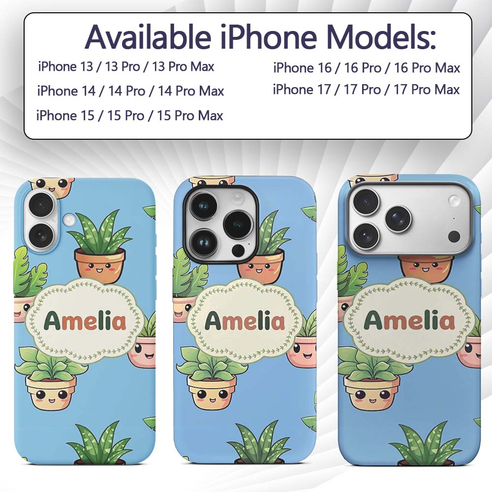 Cute Kawaii Indoor Plants Blue Printed Design Custom Name Protective Phone Case Mobile Cover Durable Everyday Smartphone Shock Resistant