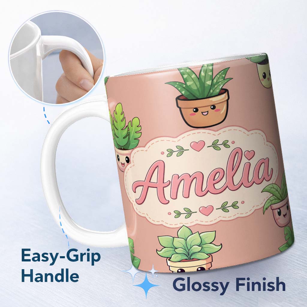 Personalized Custom Name Cute Kawaii Indoor Plants Peach Background Seamless Pattern Name 11oz Ceramic Coffee Tea Mug White Large Handle