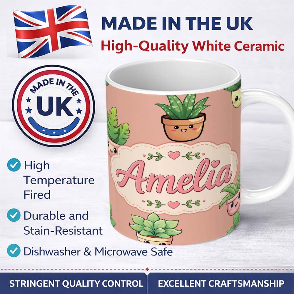 Personalized Custom Name Cute Kawaii Indoor Plants Peach Background Seamless Pattern Name 11oz Ceramic Coffee Tea Mug White Large Handle