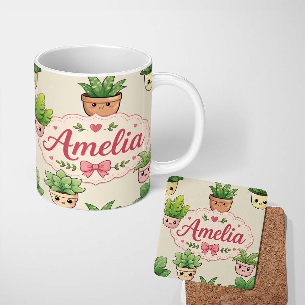 Personalized Custom Name Cute Kawaii Indoor Plants Cream Background Seamless Pattern Name 11oz Ceramic Coffee Tea Mug White Large Handle