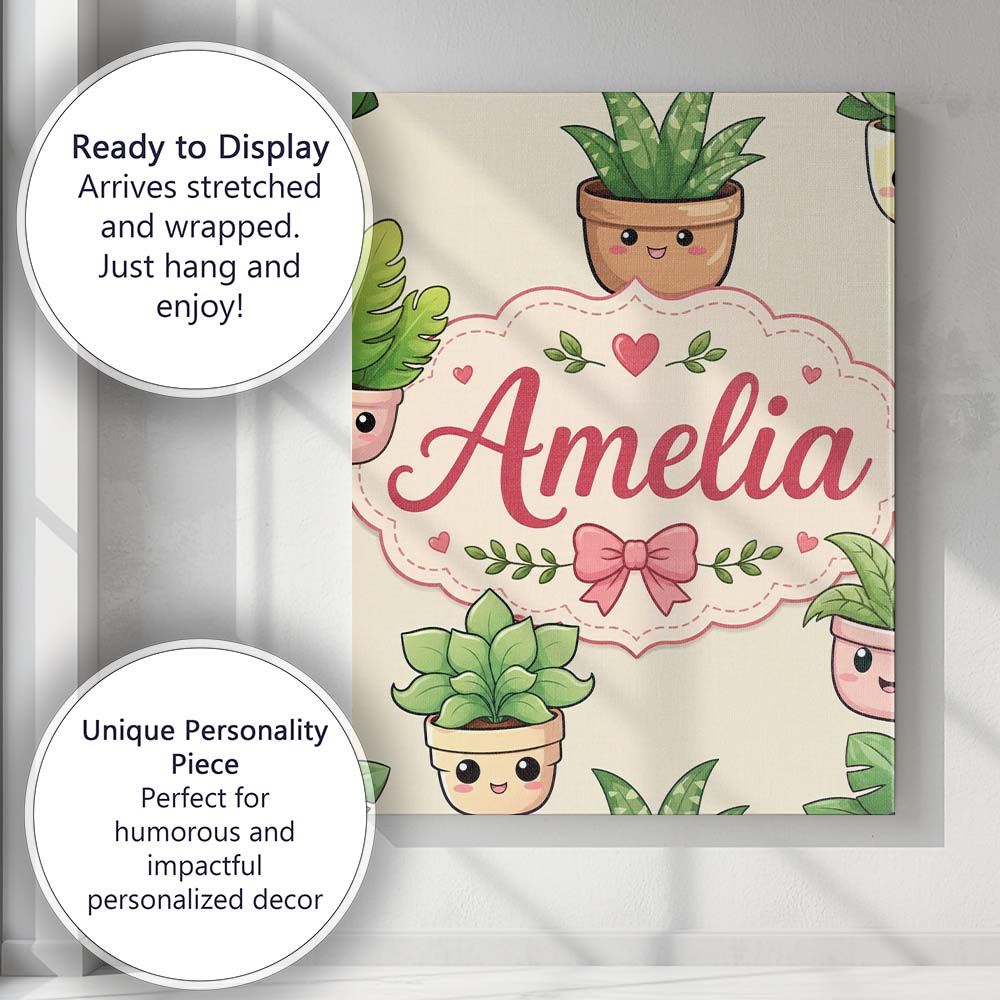 Personalised Name Cute Kawaii Indoor Plants Custom Bespoke Interior Contemporary Canvas Wall Art Print Decor Picture Ready to Hang