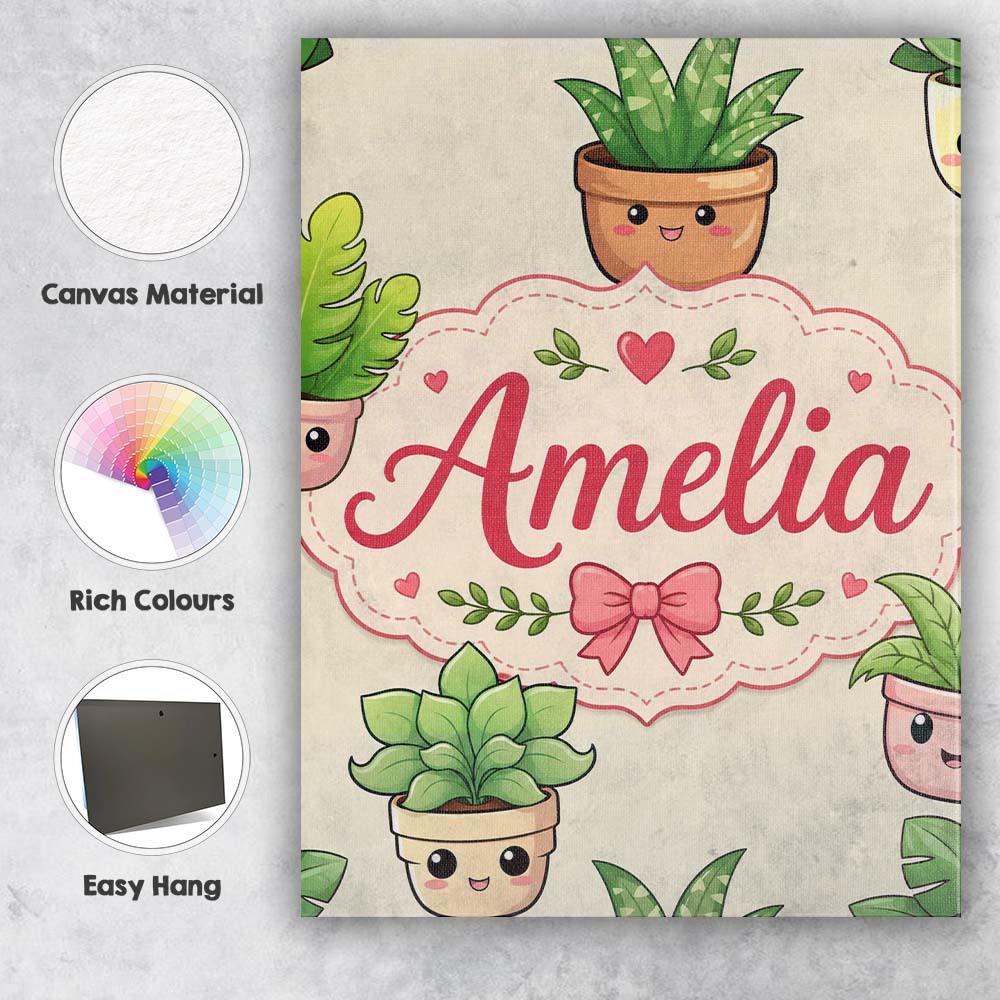 Personalised Name Cute Kawaii Indoor Plants Custom Bespoke Interior Contemporary Canvas Wall Art Print Decor Picture Ready to Hang