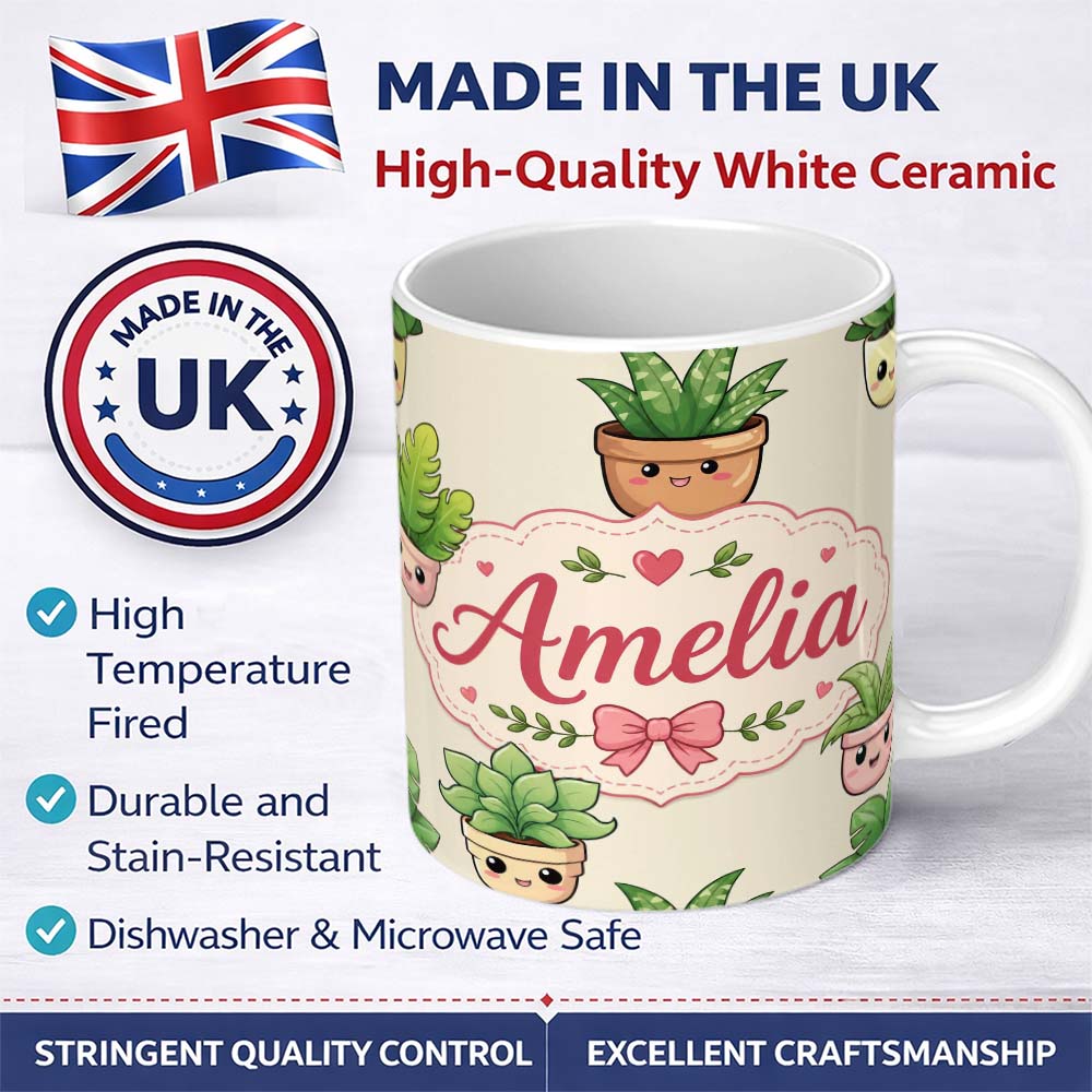 Personalized Custom Name Cute Kawaii Indoor Plants Cream Background Seamless Pattern Name 11oz Ceramic Coffee Tea Mug White Large Handle