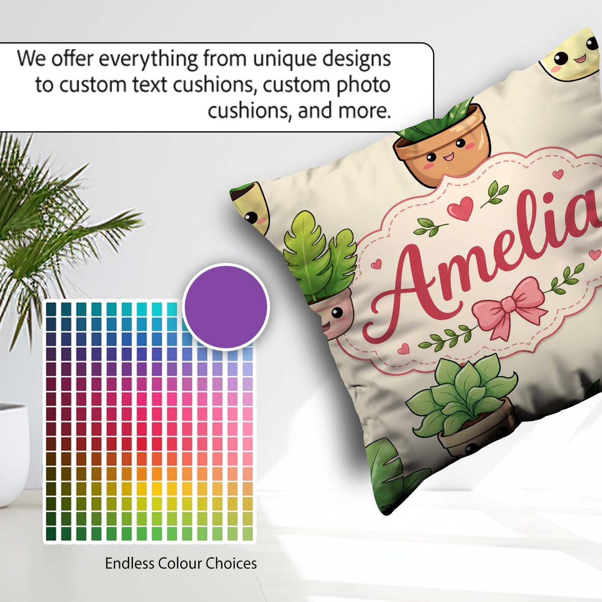 Custom Name Kawaii Indoor Cream Background Seamless Pattern Name Square Filled Cushion Throw Pillow Sofa Bed Home Decor Zip Washable UK Made