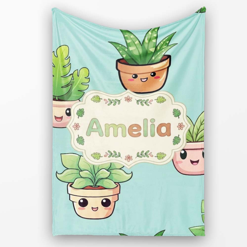 Cute Kawaii Indoor Plants Mint Background Seamless Pattern Name Personalised Custom Name Super Soft Fleece Blanket Bed Sofa Throw