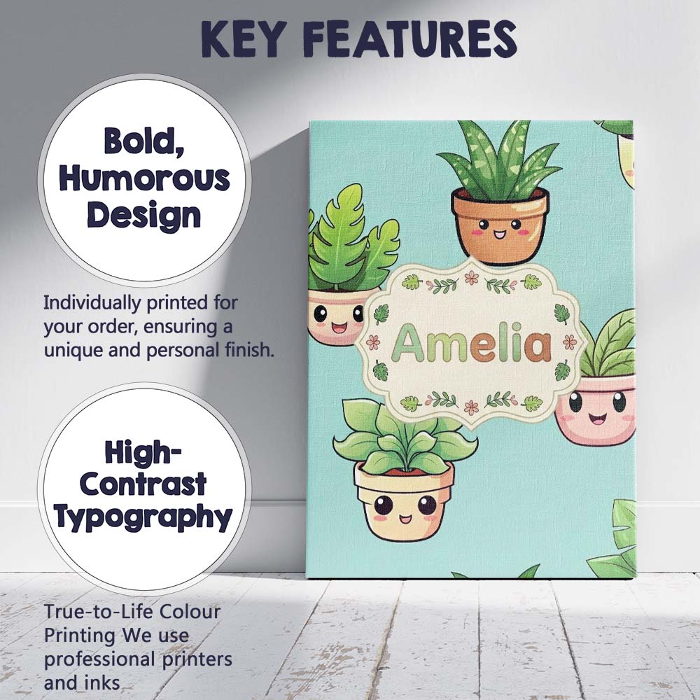 Personalised Name Cute Kawaii Indoor Plants Custom Bespoke Interior Contemporary Canvas Wall Art Print Decor Picture Ready to Hang