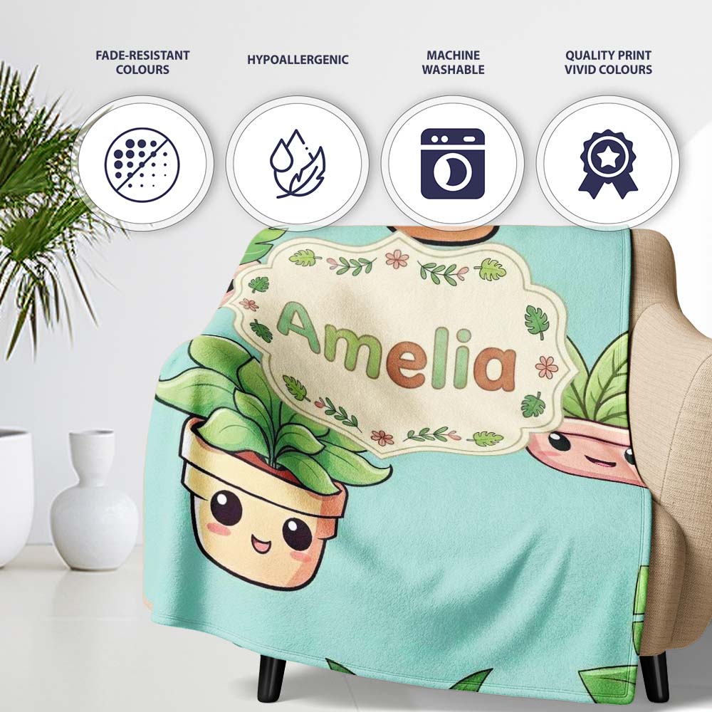 Cute Kawaii Indoor Plants Mint Background Seamless Pattern Name Personalised Custom Name Super Soft Fleece Blanket Bed Sofa Throw