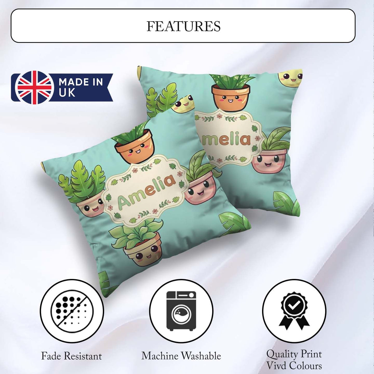 Custom Name Cute Kawaii Indoor Plants Mint Seamless Pattern Name Square Filled Cushion Throw Pillow Sofa Bed Home Decor Zip Washable UK Made