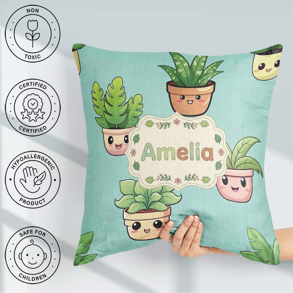 Custom Name Cute Kawaii Indoor Plants Mint Seamless Pattern Name Square Filled Cushion Throw Pillow Sofa Bed Home Decor Zip Washable UK Made