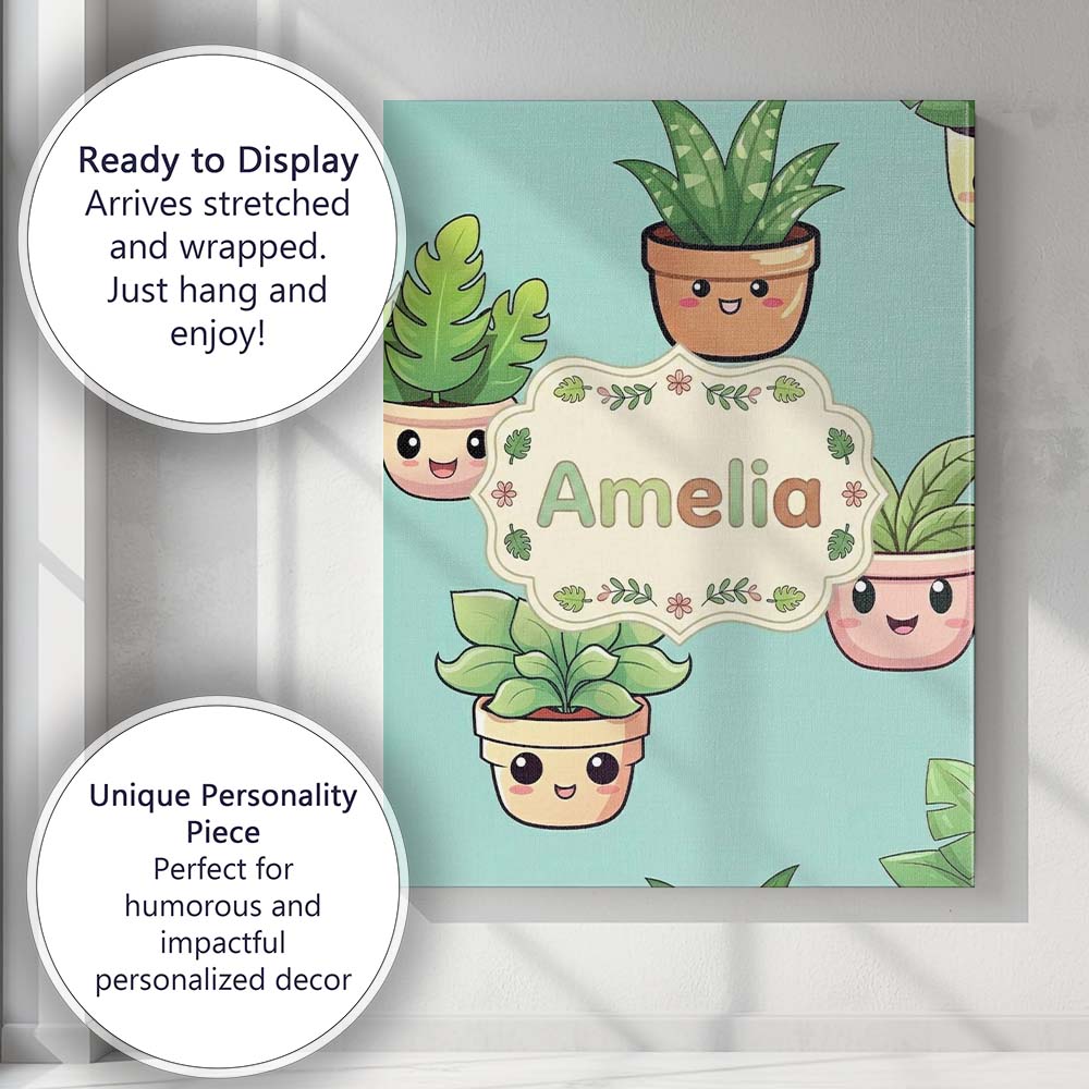 Personalised Name Cute Kawaii Indoor Plants Custom Bespoke Interior Contemporary Canvas Wall Art Print Decor Picture Ready to Hang