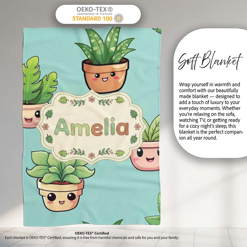 Cute Kawaii Indoor Plants Mint Background Seamless Pattern Name Personalised Custom Name Super Soft Fleece Blanket Bed Sofa Throw