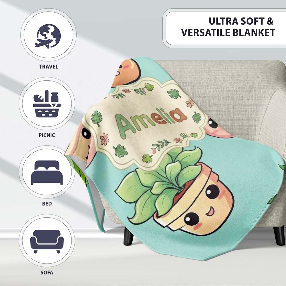Cute Kawaii Indoor Plants Mint Background Seamless Pattern Name Personalised Custom Name Super Soft Fleece Blanket Bed Sofa Throw