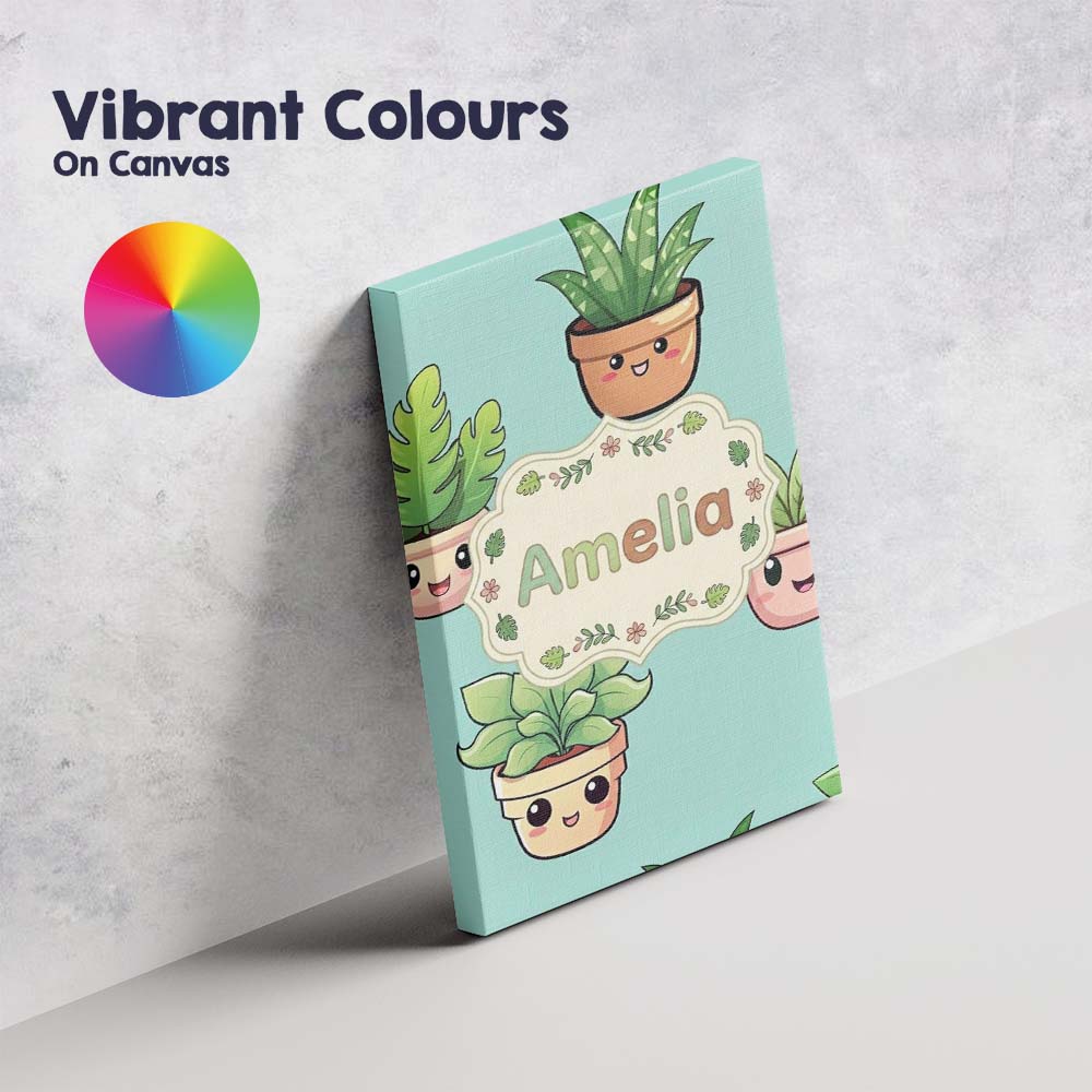 Personalised Name Cute Kawaii Indoor Plants Custom Bespoke Interior Contemporary Canvas Wall Art Print Decor Picture Ready to Hang