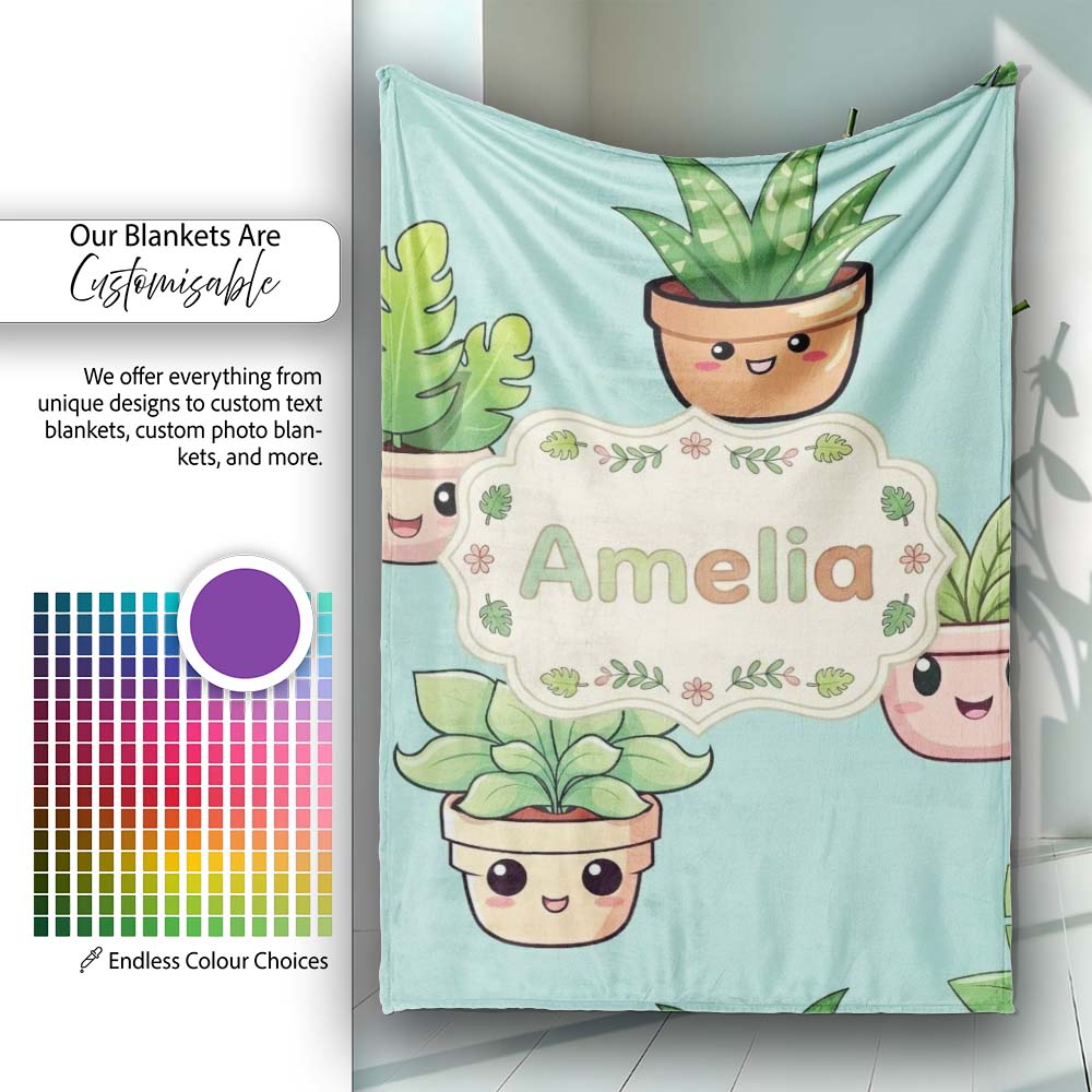 Cute Kawaii Indoor Plants Mint Background Seamless Pattern Name Personalised Custom Name Super Soft Fleece Blanket Bed Sofa Throw