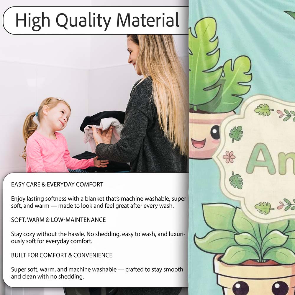 Cute Kawaii Indoor Plants Mint Background Seamless Pattern Name Personalised Custom Name Super Soft Fleece Blanket Bed Sofa Throw