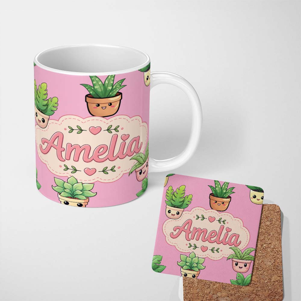 Personalized Custom Name Cute Kawaii Indoor Plants Soft Pink Background Seamless Pattern Name 11oz Ceramic Coffee Tea Mug White Large Handle