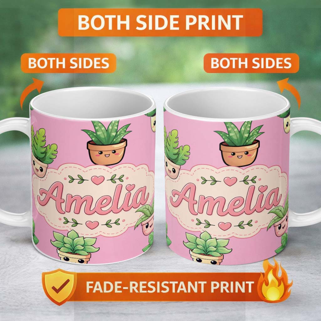 Personalized Custom Name Cute Kawaii Indoor Plants Soft Pink Background Seamless Pattern Name 11oz Ceramic Coffee Tea Mug White Large Handle
