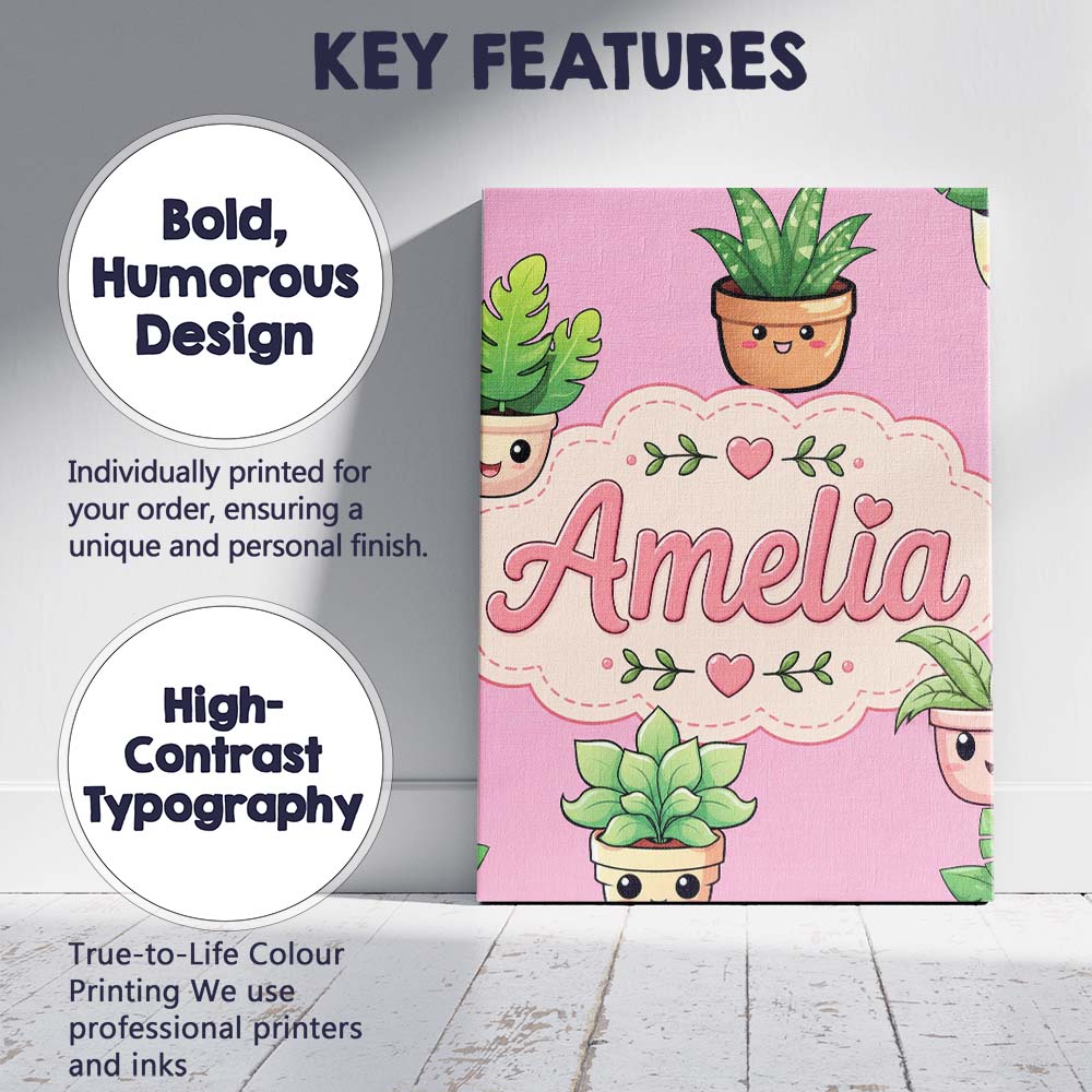 Personalised Name Cute Kawaii Indoor Plants Custom Bespoke Interior Contemporary Canvas Wall Art Print Decor Picture Ready to Hang