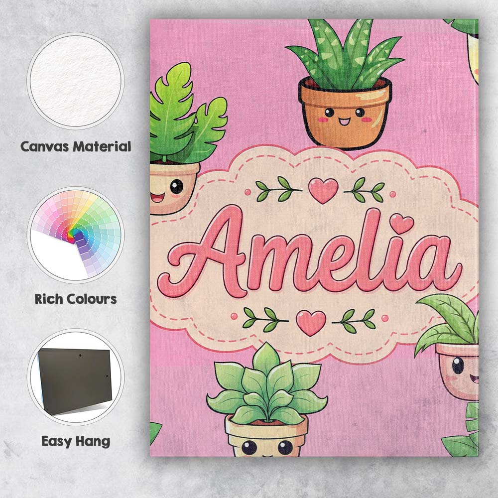 Personalised Name Cute Kawaii Indoor Plants Custom Bespoke Interior Contemporary Canvas Wall Art Print Decor Picture Ready to Hang