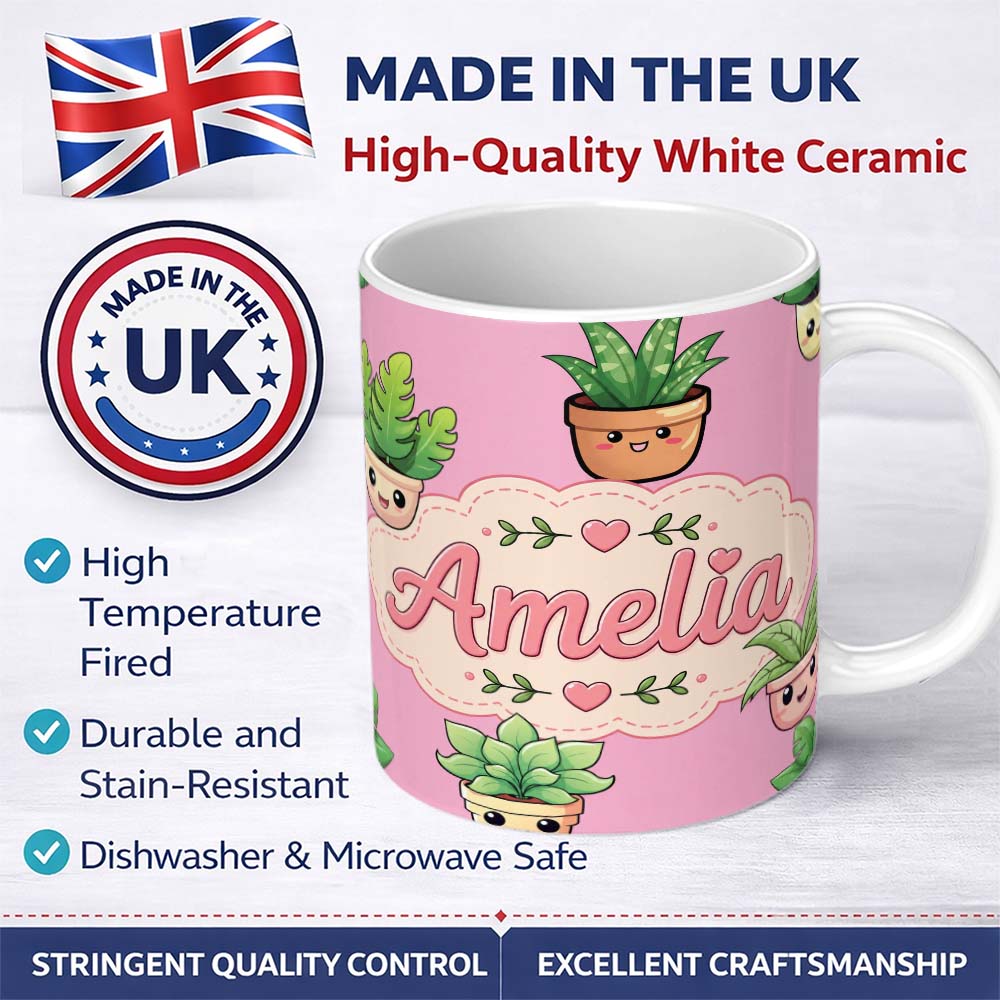 Personalized Custom Name Cute Kawaii Indoor Plants Soft Pink Background Seamless Pattern Name 11oz Ceramic Coffee Tea Mug White Large Handle