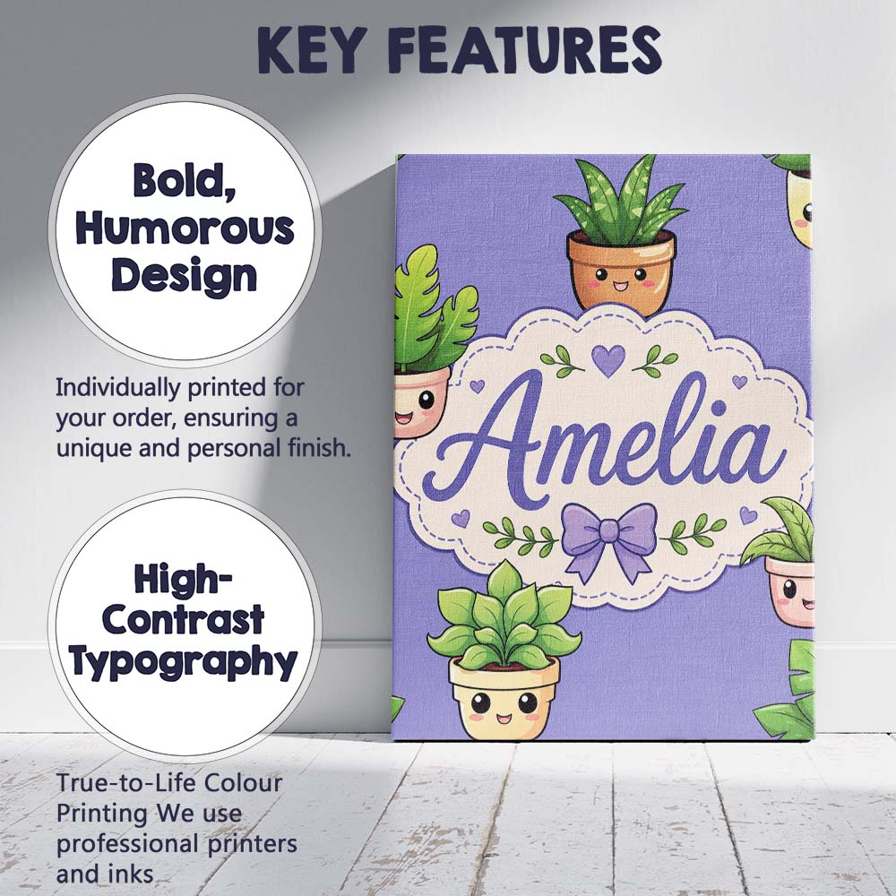 Personalised Name Cute Kawaii Indoor Plants Custom Bespoke Interior Contemporary Canvas Wall Art Print Decor Picture Ready to Hang