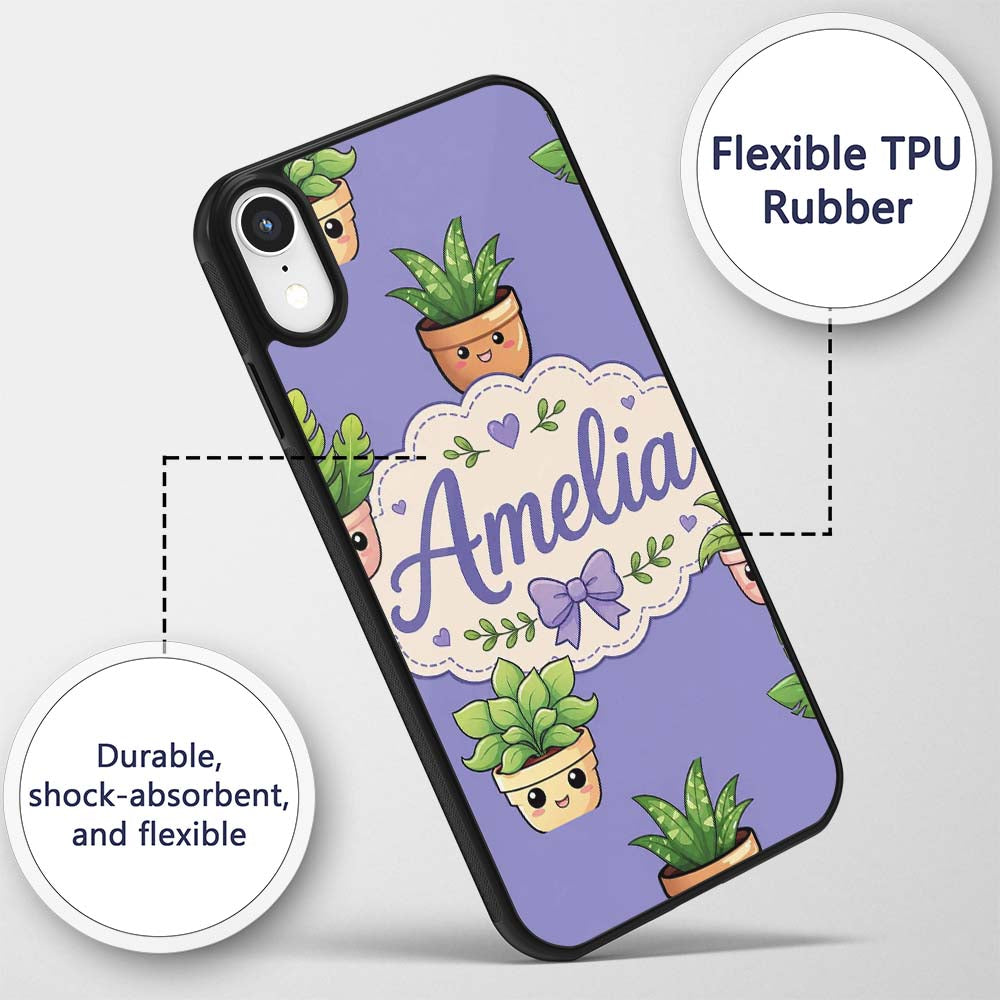 Cute Kawaii Indoor Plants Purple Printed Design Custom Name Protective Phone Case Mobile Cover Durable Everyday Smartphone Shock Resistant