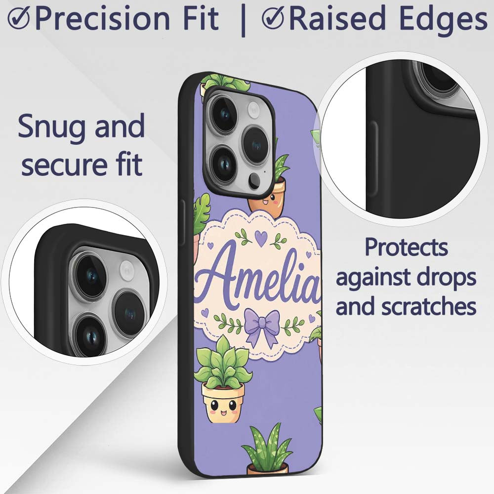 Cute Kawaii Indoor Plants Purple Printed Design Custom Name Protective Phone Case Mobile Cover Durable Everyday Smartphone Shock Resistant