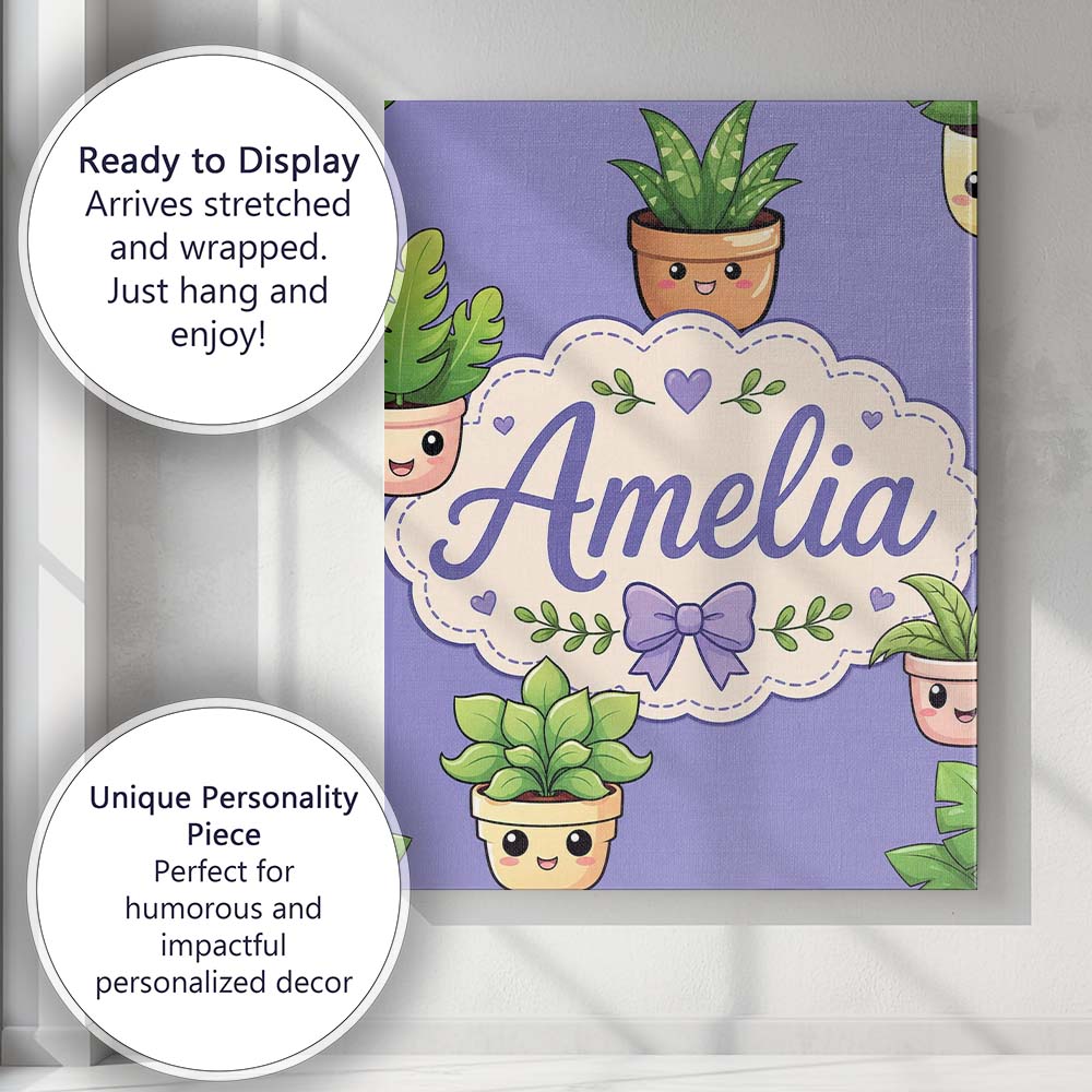 Personalised Name Cute Kawaii Indoor Plants Custom Bespoke Interior Contemporary Canvas Wall Art Print Decor Picture Ready to Hang