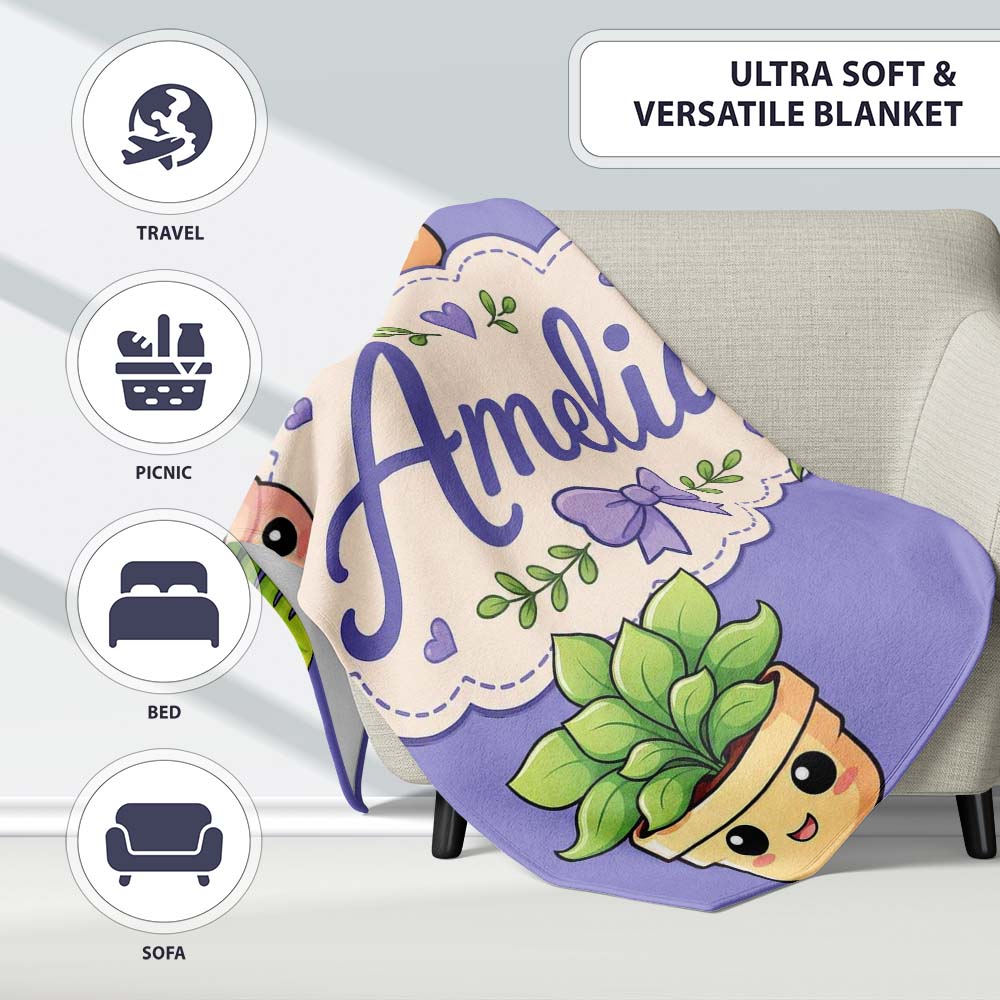 Cute Kawaii Indoor Plants Purple Background Seamless Pattern Name Personalised Custom Name Super Soft Fleece Blanket Bed Sofa Throw