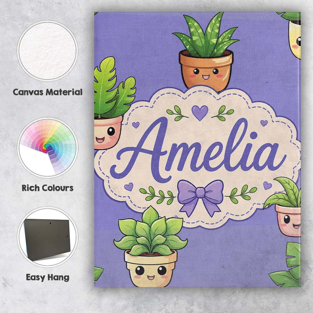 Personalised Name Cute Kawaii Indoor Plants Custom Bespoke Interior Contemporary Canvas Wall Art Print Decor Picture Ready to Hang