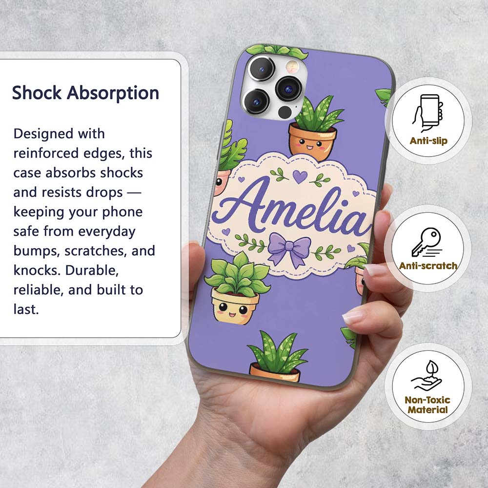Cute Kawaii Indoor Plants Purple Printed Design Custom Name Protective Phone Case Mobile Cover Durable Everyday Smartphone Shock Resistant