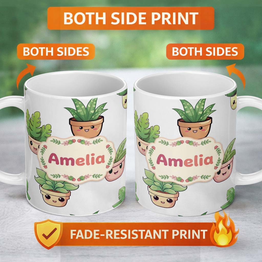 Personalized Custom Name Cute Kawaii Indoor Plants Grey Background Seamless Pattern Name 11oz Ceramic Coffee Tea Mug White Large Handle