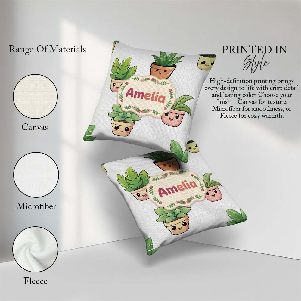 Custom Name Cute Kawaii Indoor Plants Grey Seamless Pattern Name Square Filled Cushion Throw Pillow Sofa Bed Home Decor Zip Washable UK Made