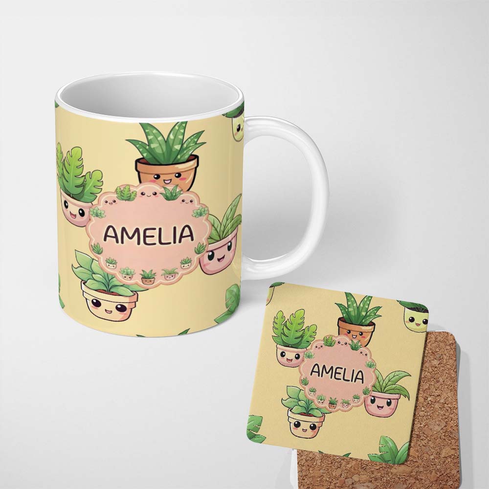 Personalized Custom Name Cute Kawaii Indoor Plants Beige Background Seamless Pattern Name 11oz Ceramic Coffee Tea Mug White Large Handle