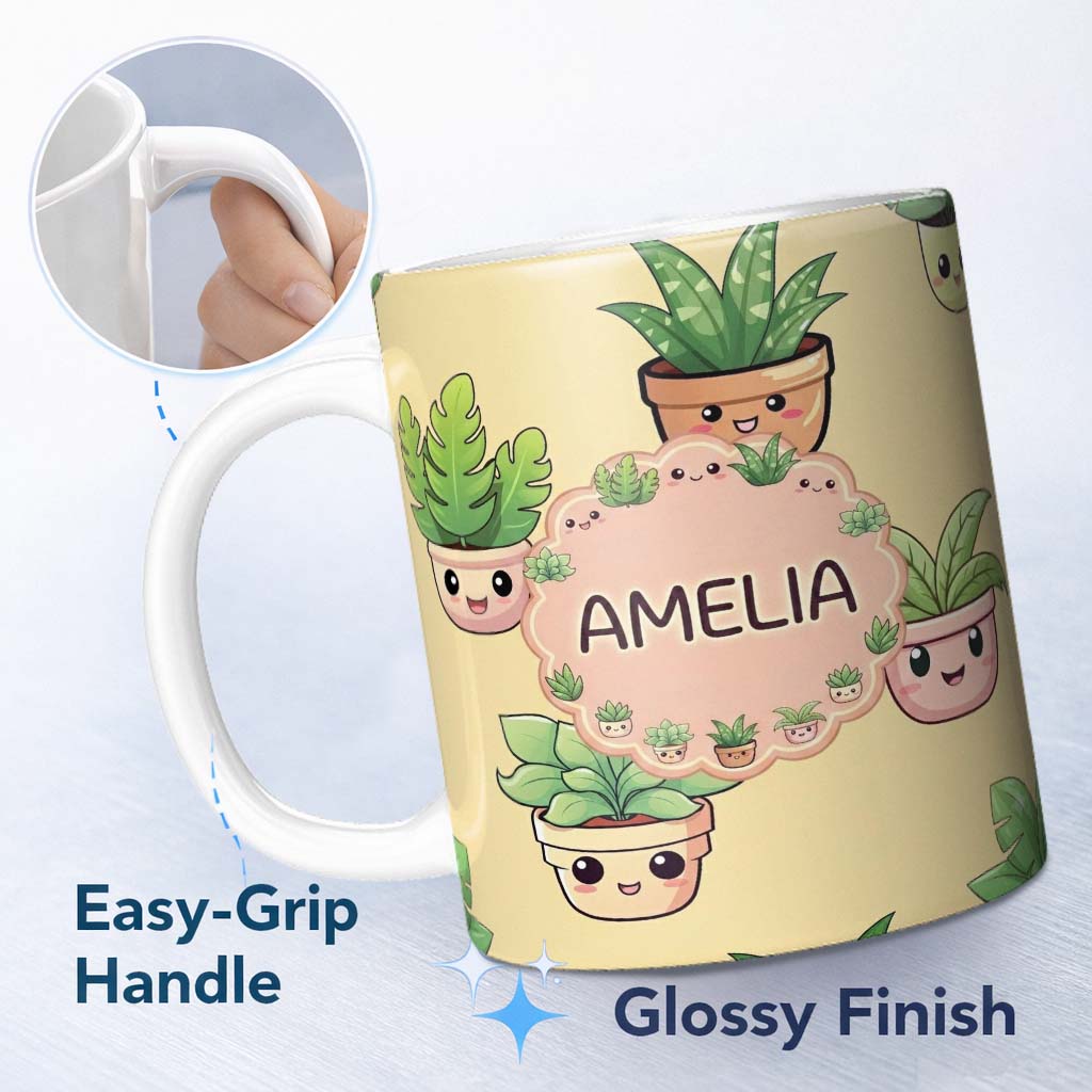 Personalized Custom Name Cute Kawaii Indoor Plants Beige Background Seamless Pattern Name 11oz Ceramic Coffee Tea Mug White Large Handle