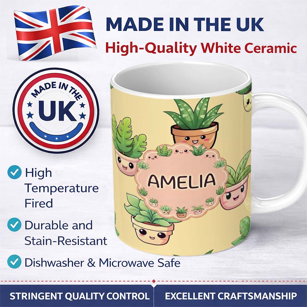 Personalized Custom Name Cute Kawaii Indoor Plants Beige Background Seamless Pattern Name 11oz Ceramic Coffee Tea Mug White Large Handle