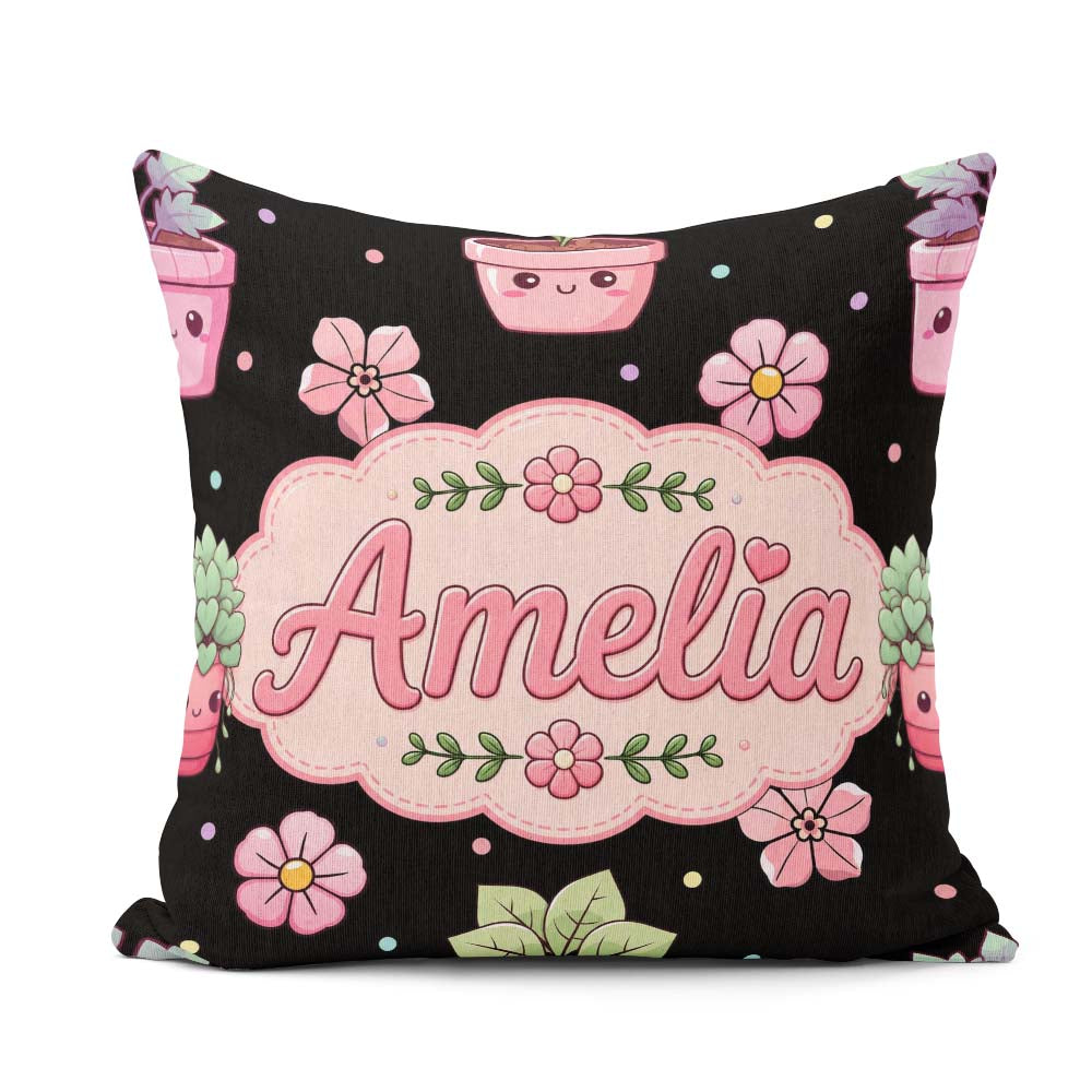 Custom Name Kawaii Floral Black Background Seamless Pattern Name Square Filled Cushion Throw Pillow Sofa Bed Home Decor Zip Washable UK Made